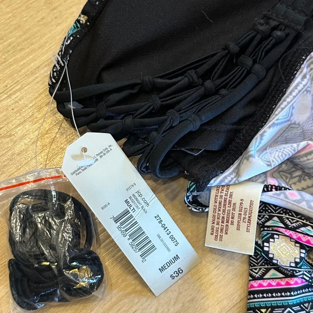 NWT Arizona Jean Co Tankini Top Size M Geometric Pattern Black Gold Pink Teal